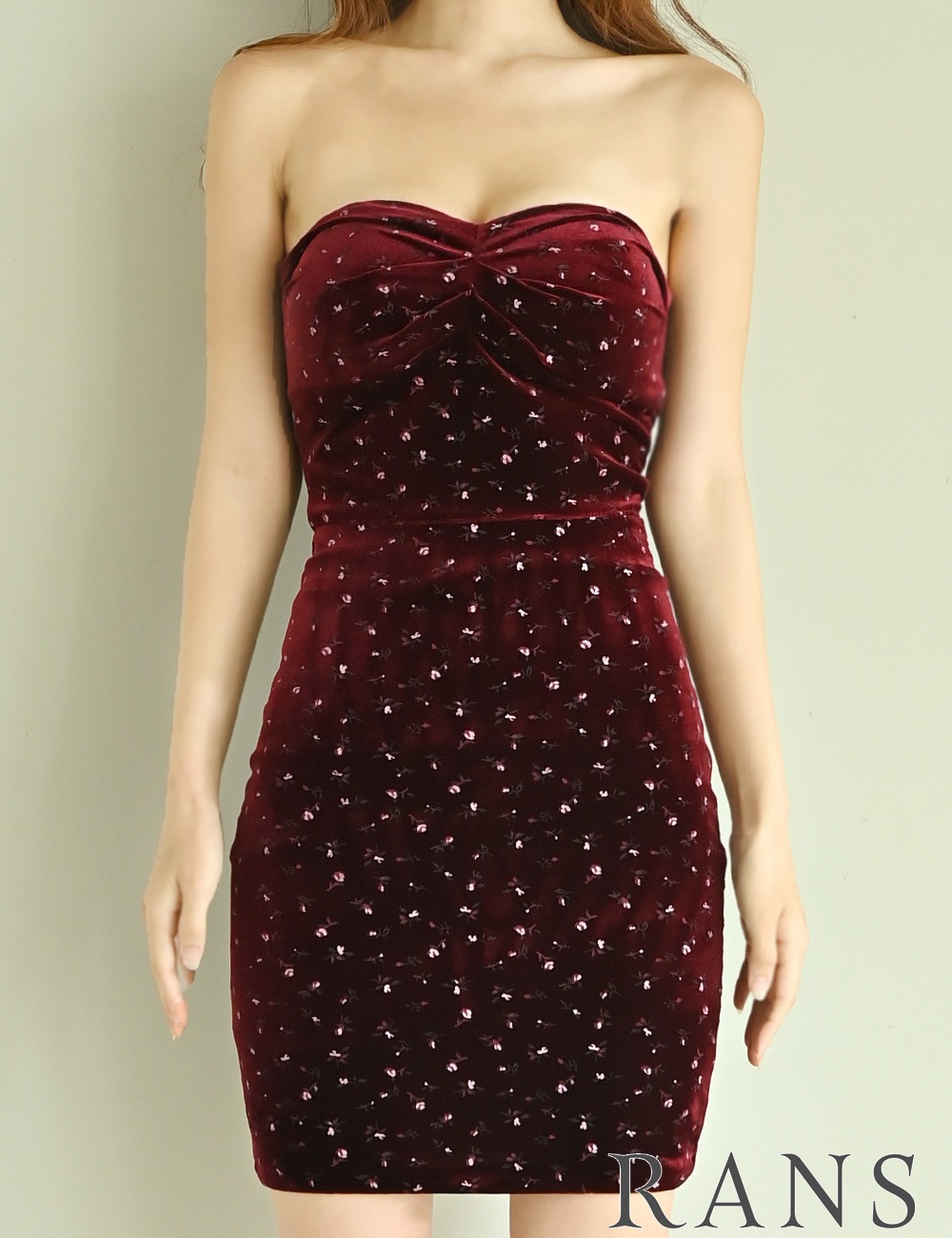 [即納][instock]【RANS】ミニ/ドレス/ワンピース/レッド/ベア/オフショル/袖あり/長袖/ベロア/シフォン/花柄