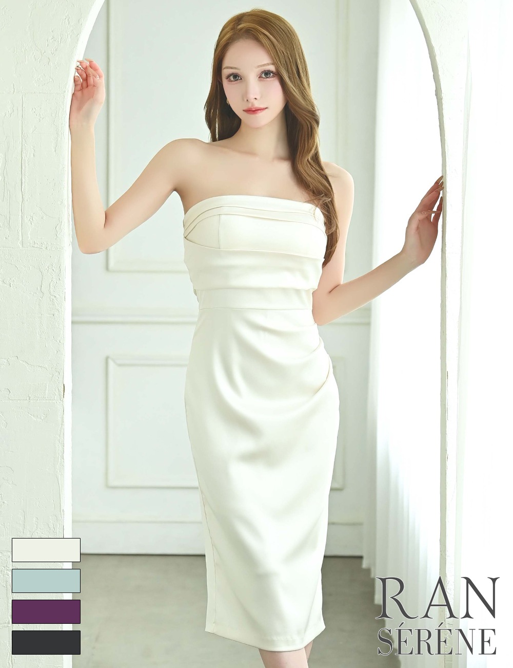 [Mのみ即納][instock]【RAN SERENE】丈長/ドレス/ワンピース/アイボリー/ベア/タイト/サテン/ドレープ