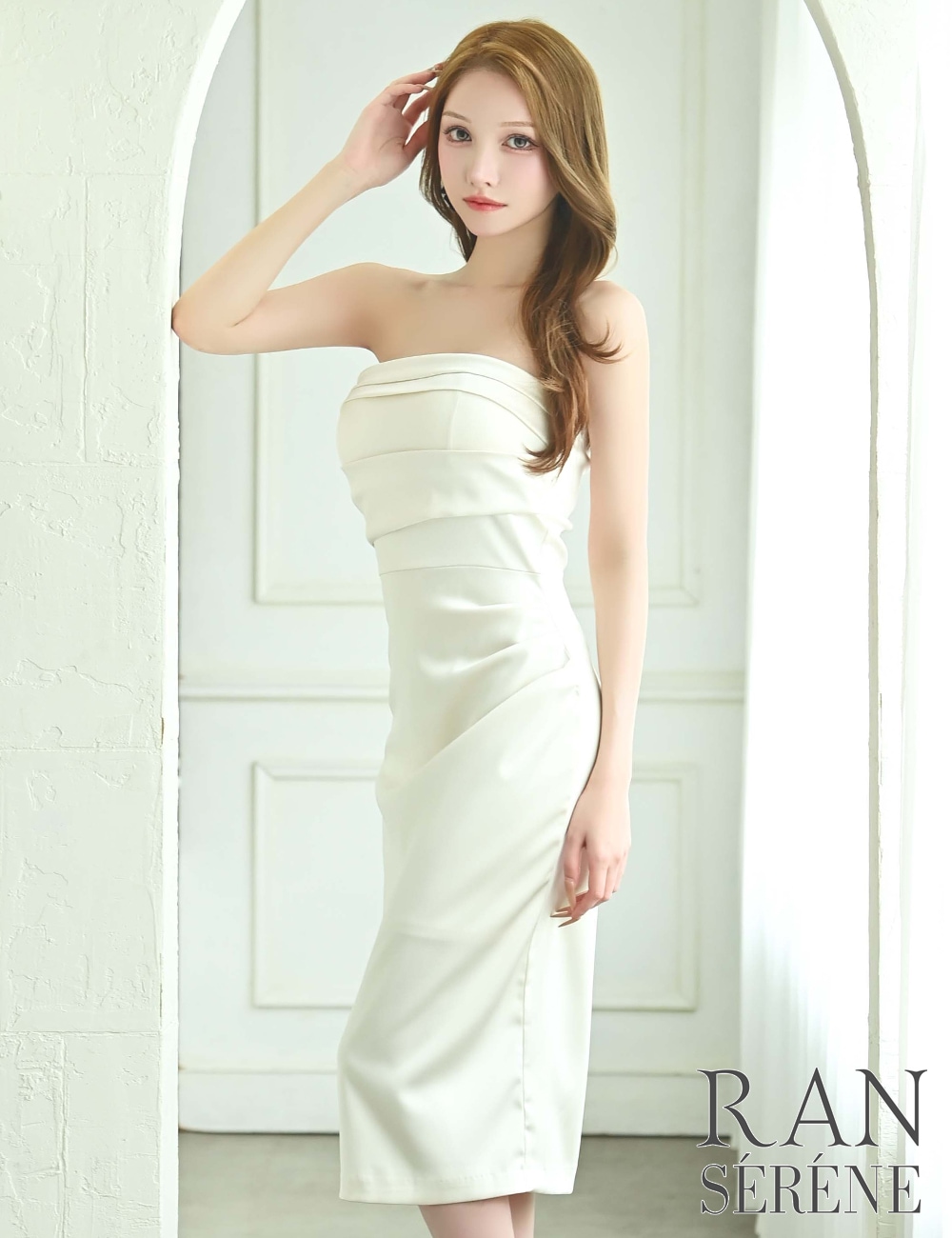 [Mのみ即納][instock]【RAN SERENE】丈長/ドレス/ワンピース/アイボリー/ベア/タイト/サテン/ドレープ