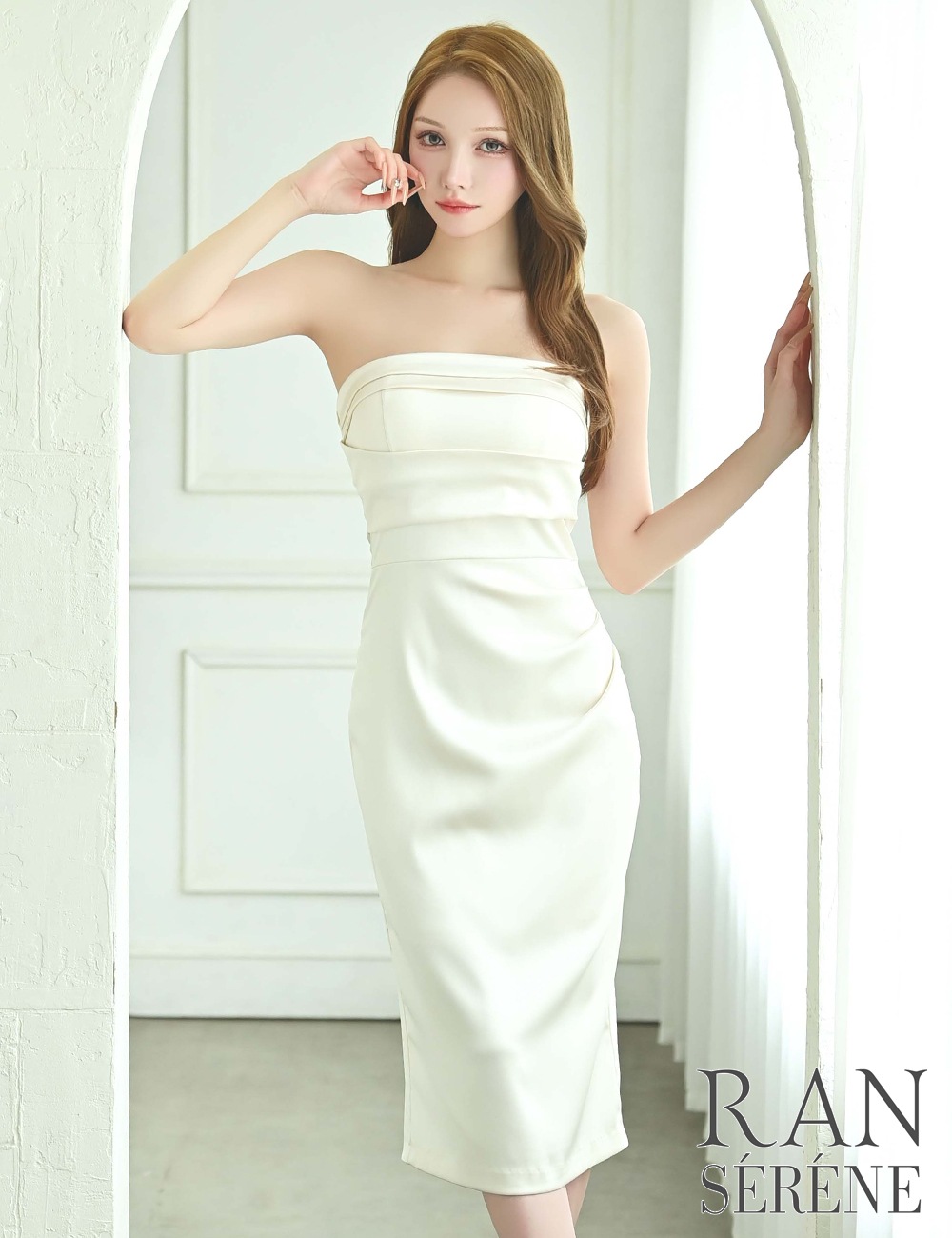[Mのみ即納][instock]【RAN SERENE】丈長/ドレス/ワンピース/アイボリー/ベア/タイト/サテン/ドレープ