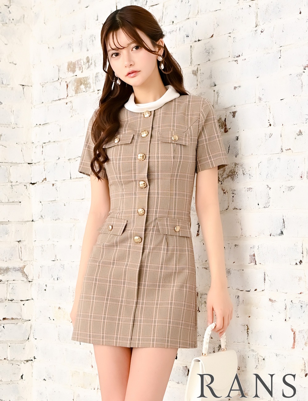 ANDMARY ベージュ ミニワンピース 半袖 スクエアネック半袖ミニワンピース 全3色 Y2K[品番：KH000013890