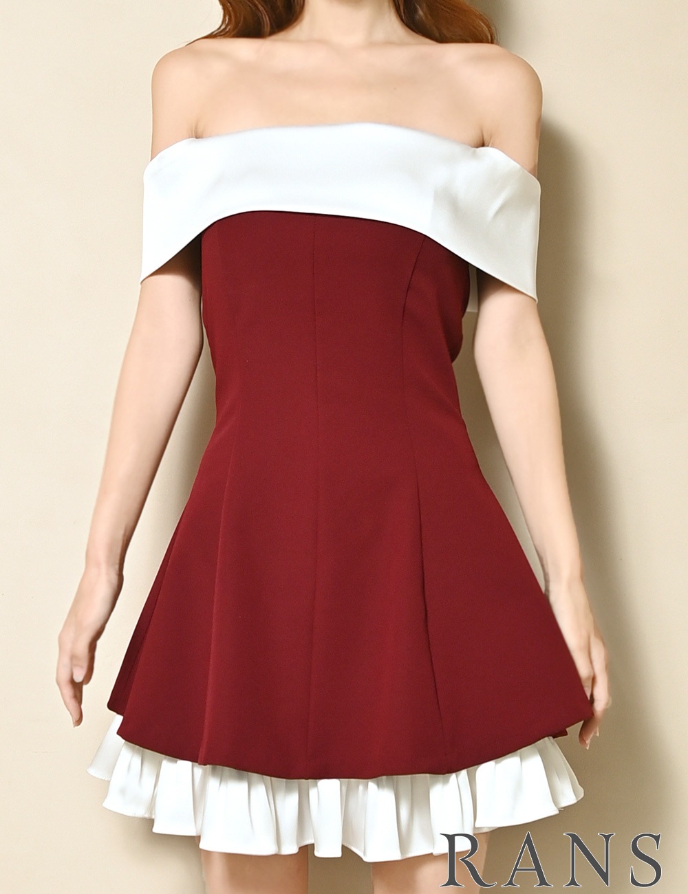 [即納][instock]【RANS】ミニ/ドレス/ワンピース/レッド/オフショル/フレア