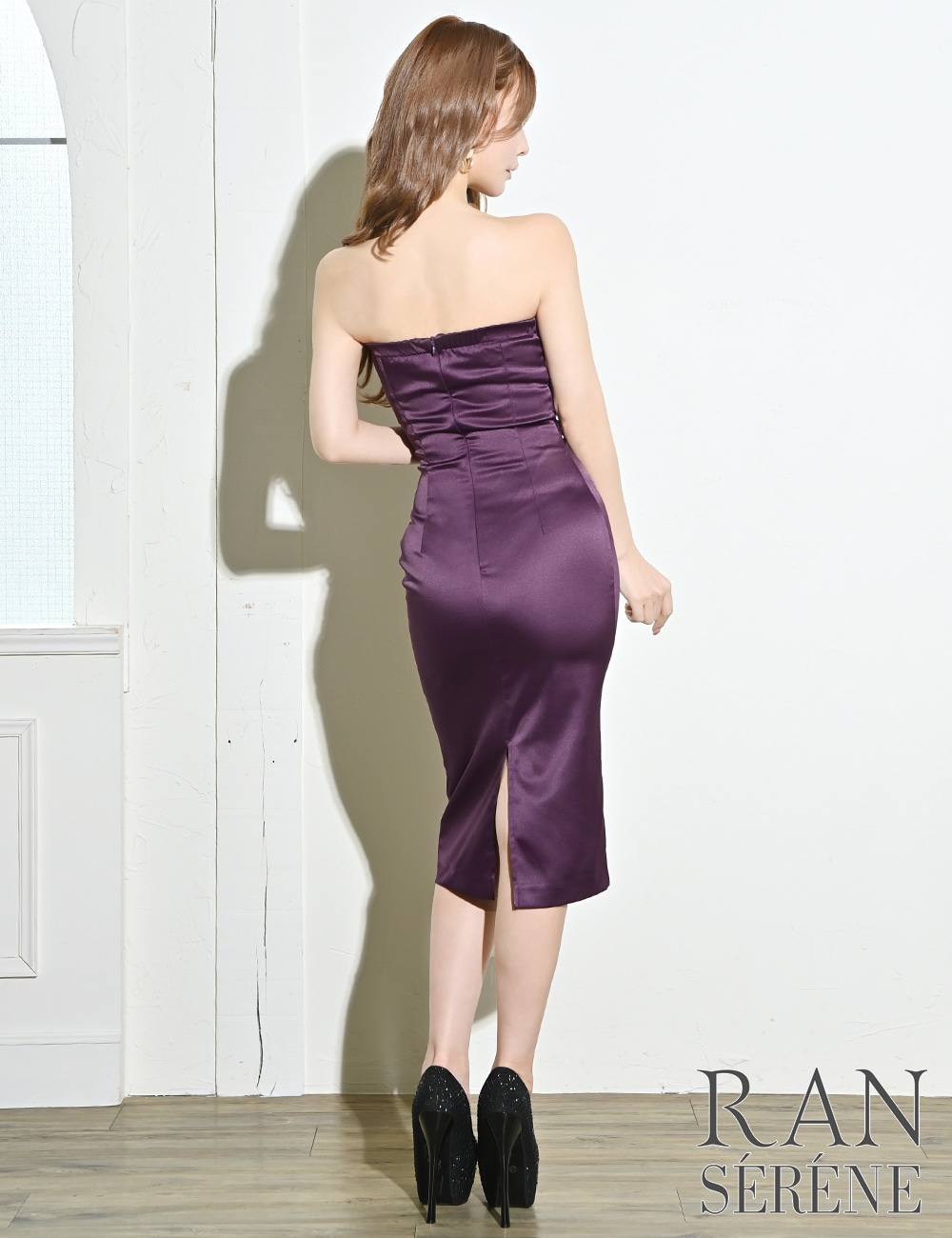 [Sのみ即納][instock]【RAN SERENE】丈長/ドレス/ワンピース/パープル/ベア/タイト/サテン/ドレープ
