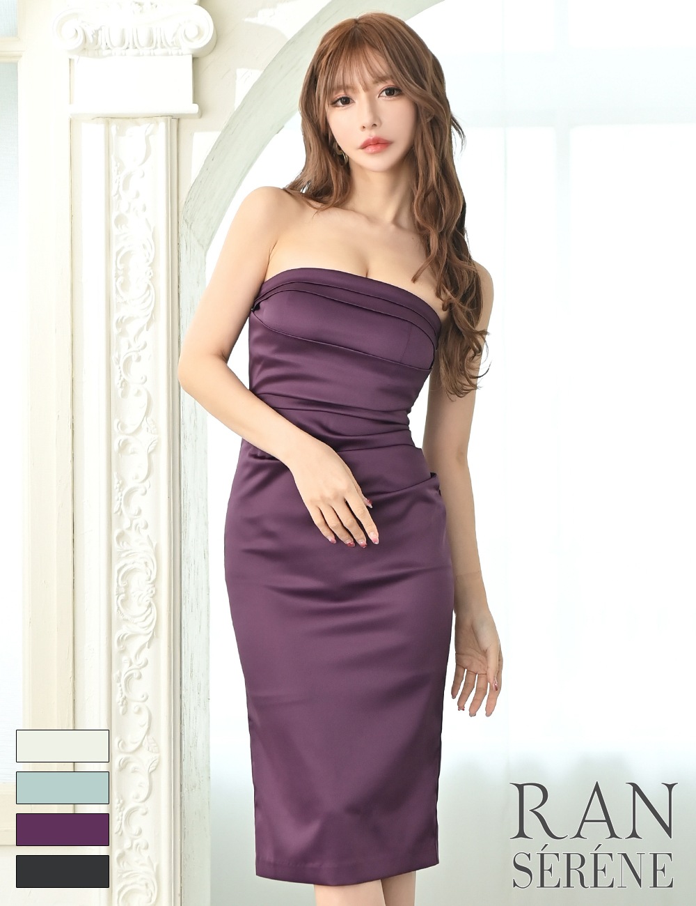 [Sのみ即納][instock]【RAN SERENE】丈長/ドレス/ワンピース/パープル/ベア/タイト/サテン/ドレープ