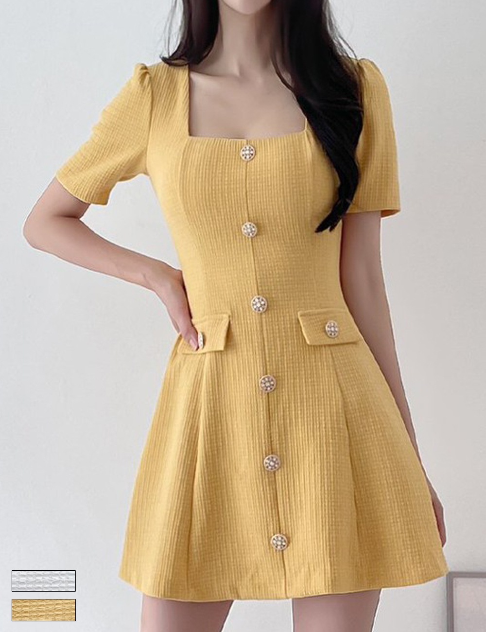 決算セール◇ミニワンピースドレスレディースひざ丈イエロー韓国401