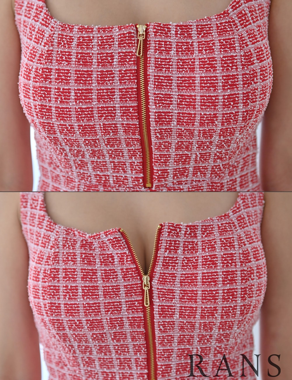 【RANS】ミニ/ドレス/ワンピース/レッド/タイト/キャミドレス/ツイード/フロントファスナー