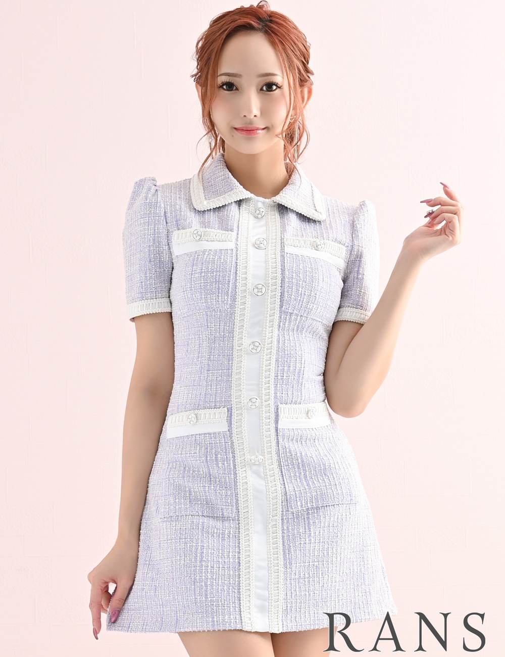 [instock]【RANS】ミニ/フレア/ワンピース/ラベンダー/ツイード/半袖/襟
