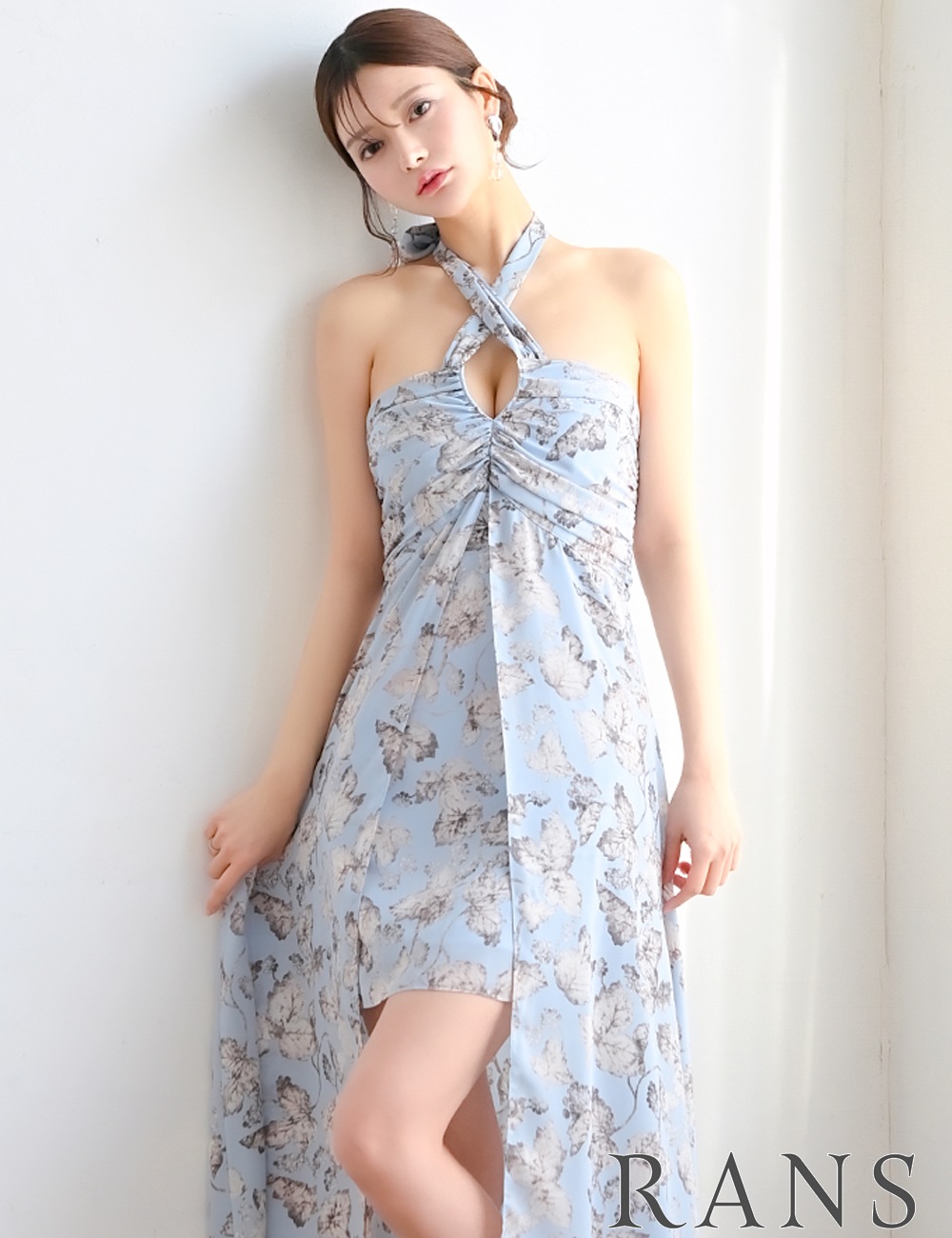 [Mのみ即納][instock]【RANS】ロング/ドレス/フレア/ホルターネック/ブルー/柄/花柄