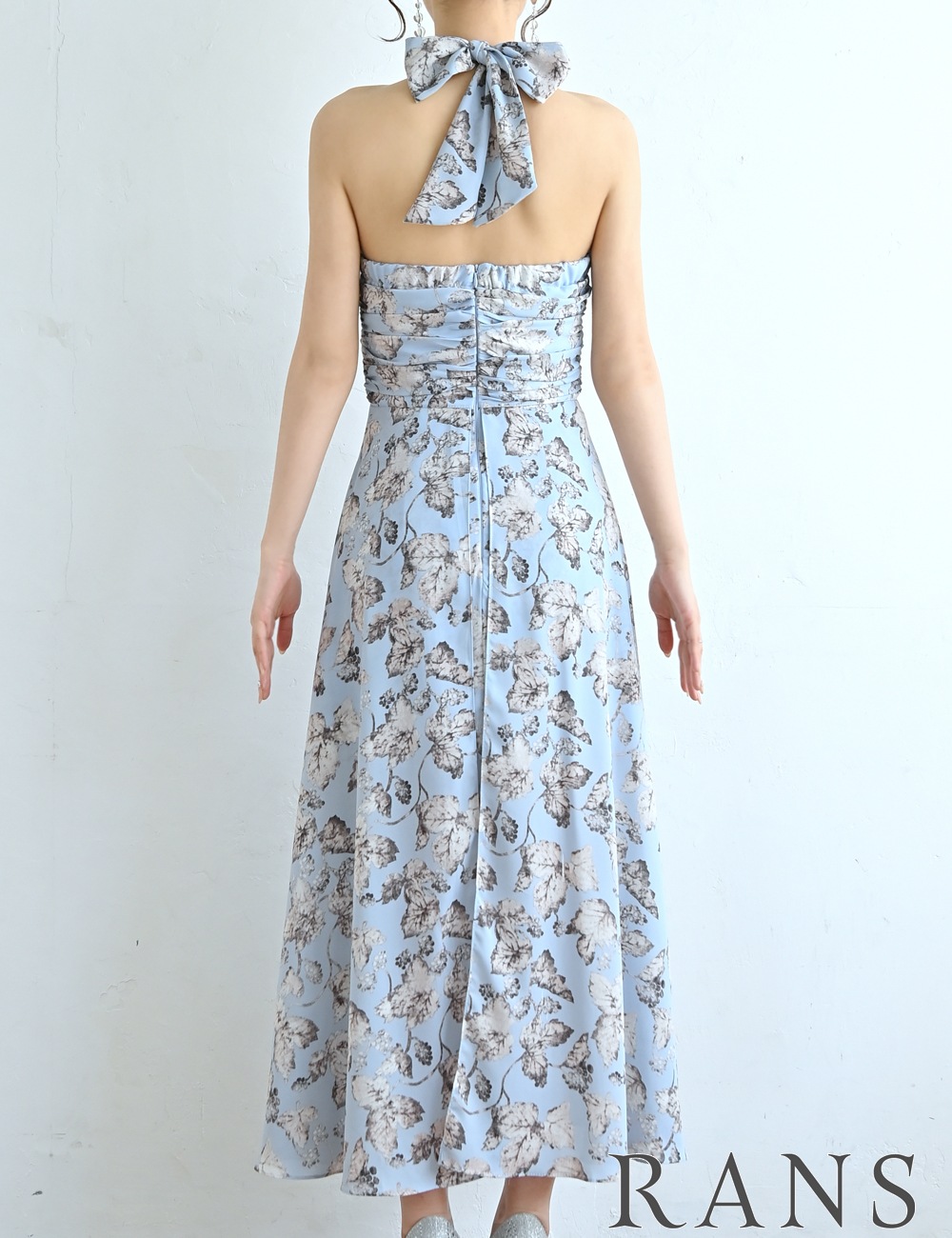 [Mのみ即納][instock]【RANS】ロング/ドレス/フレア/ホルターネック/ブルー/柄/花柄