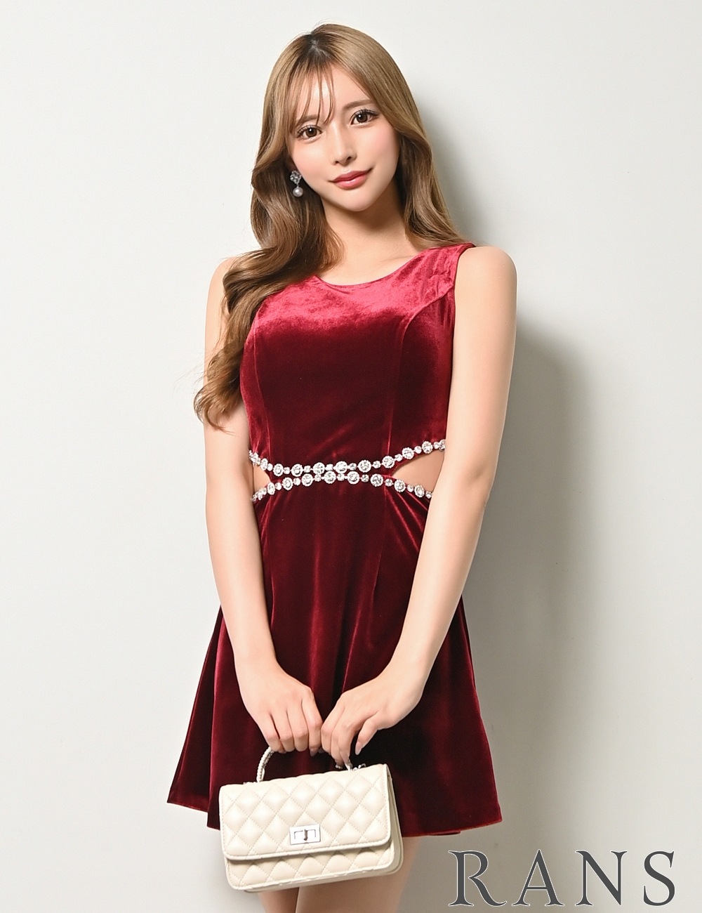 [即納][instock]【RANS】ミニ/ドレス/ワンピース/レッド/フレア/ベロア/カットアウト/ビジュー