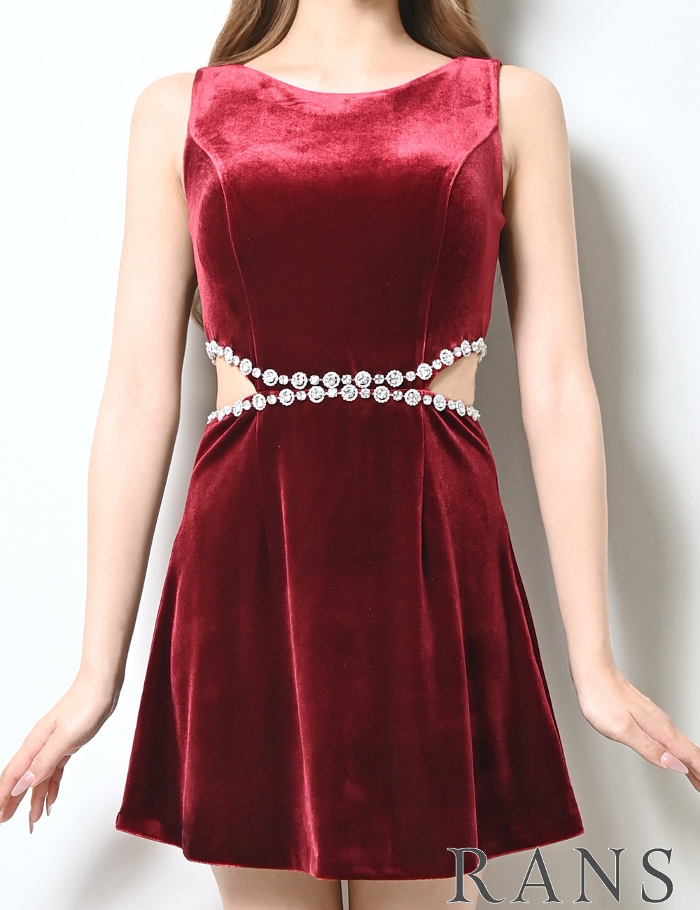 [即納][instock]【RANS】ミニ/ドレス/ワンピース/レッド/フレア/ベロア/カットアウト/ビジュー
