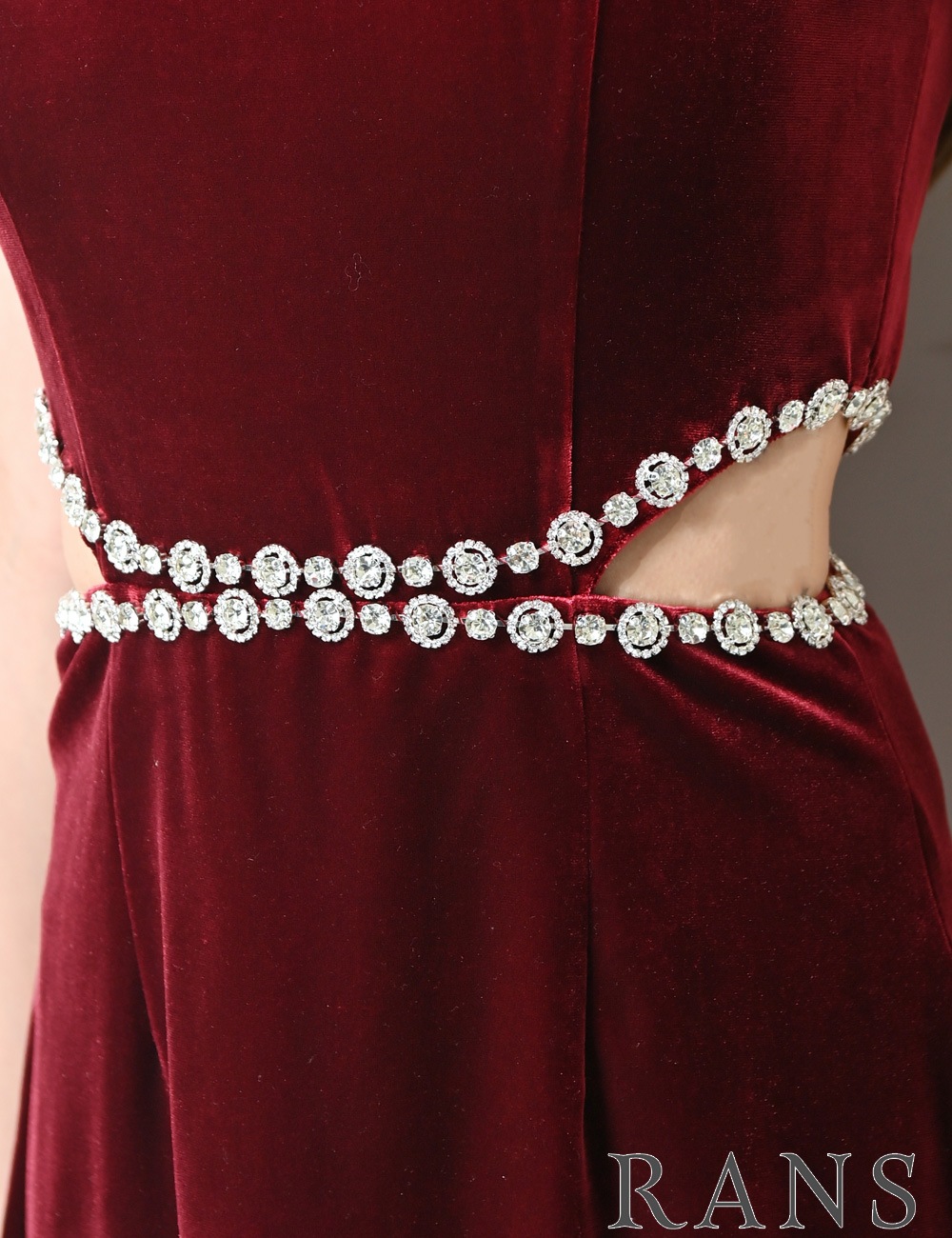 [即納][instock]【RANS】ミニ/ドレス/ワンピース/レッド/フレア/ベロア/カットアウト/ビジュー