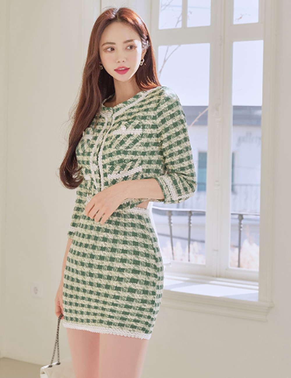 AIDMAX】ミニ/ドレス/セットアップ/グリーン/ツイード/袖あり/長袖