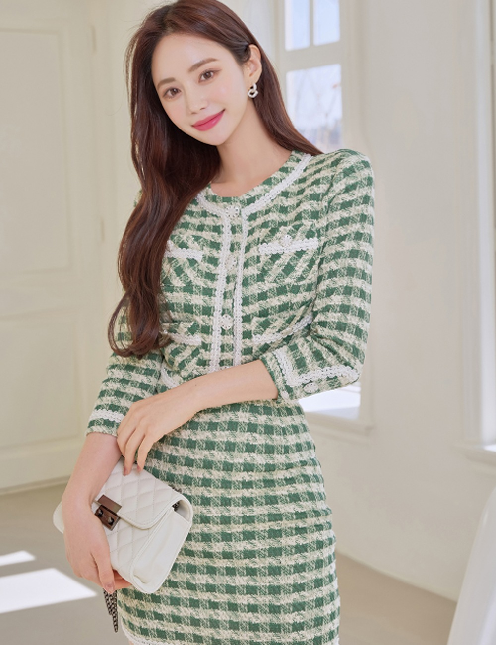 AIDMAX】ミニ/ドレス/セットアップ/グリーン/ツイード/袖あり/長袖