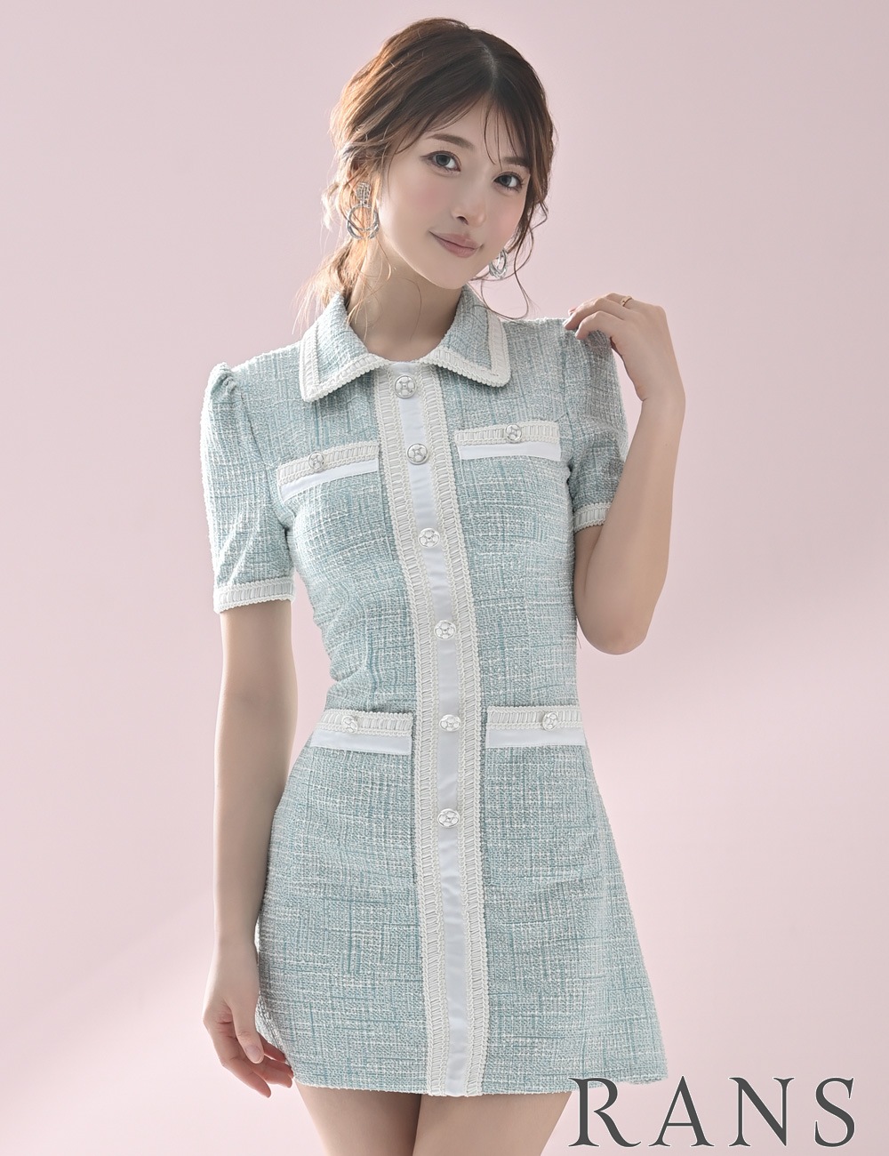 [Sのみ即納][instock]【RANS】ミニ/フレア/ワンピース/ミント/ツイード/半袖/襟