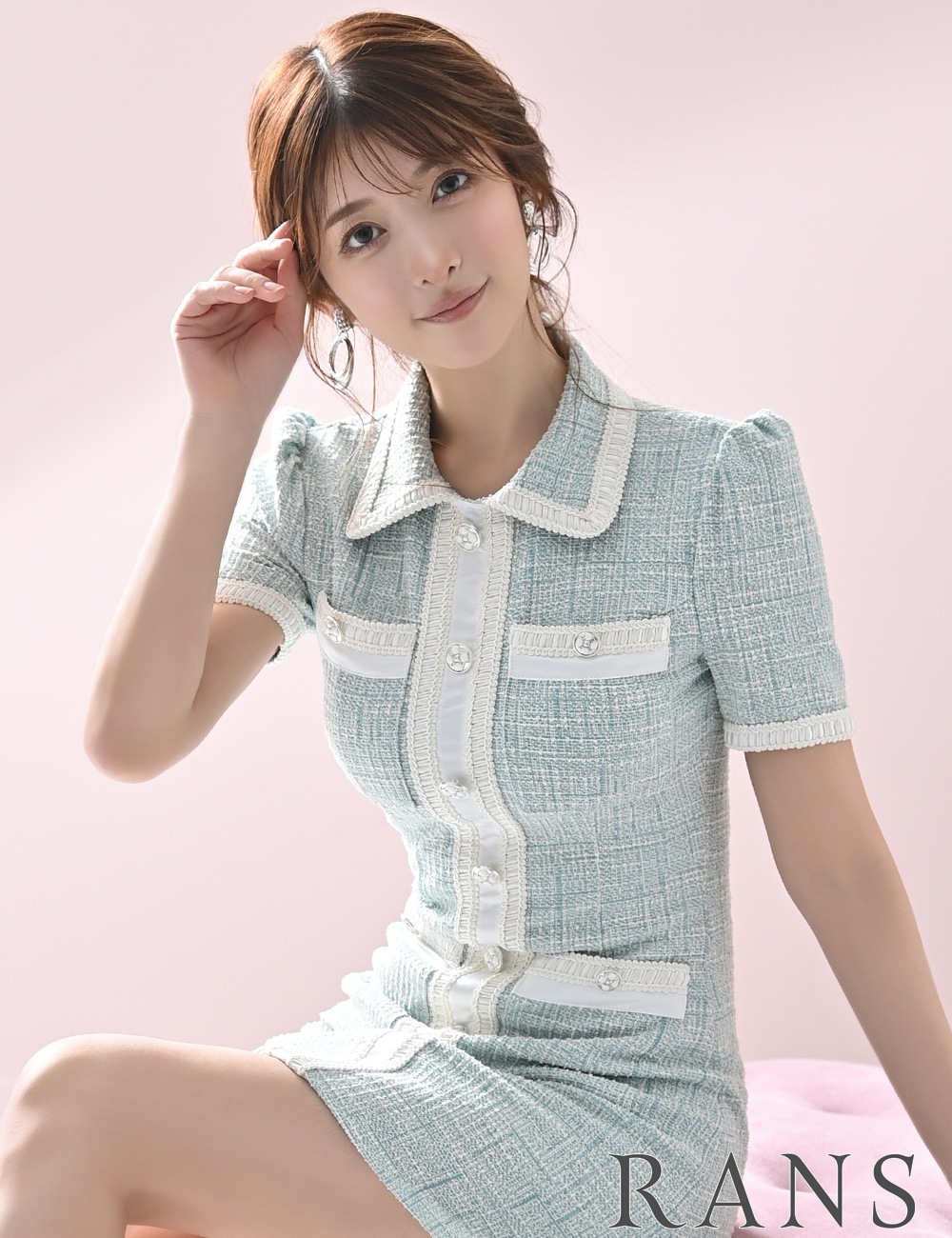 [Sのみ即納][instock]【RANS】ミニ/フレア/ワンピース/ミント/ツイード/半袖/襟