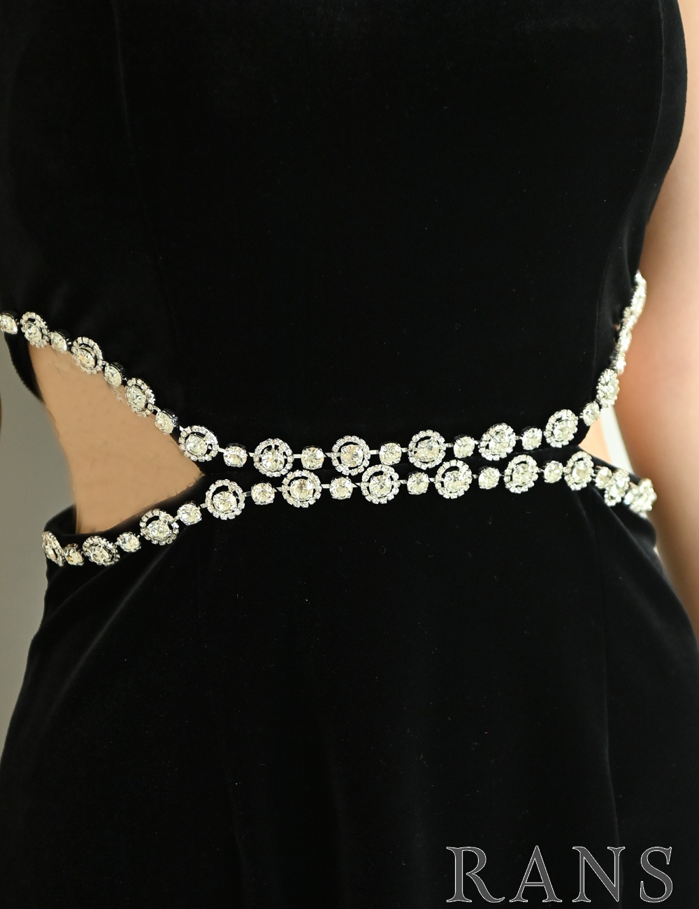 [即納][instock]【RANS】ミニ/ドレス/ワンピース/ブラック/フレア/ベロア/カットアウト/ビジュー