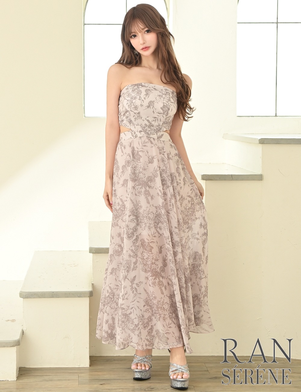 [Mのみ即納][instock]【RAN SERENE】ロング/ドレス/ワンピース/ピンク/ベア/フレア/サイドカットアウト/柄/ボタニカル