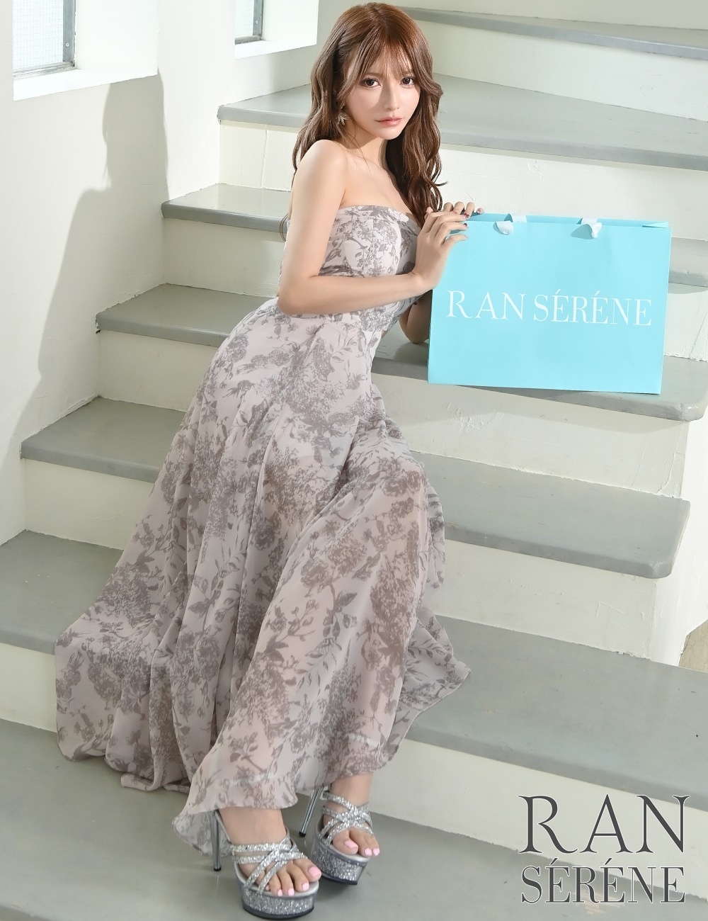 [Mのみ即納][instock]【RAN SERENE】ロング/ドレス/ワンピース/ピンク/ベア/フレア/サイドカットアウト/柄/ボタニカル