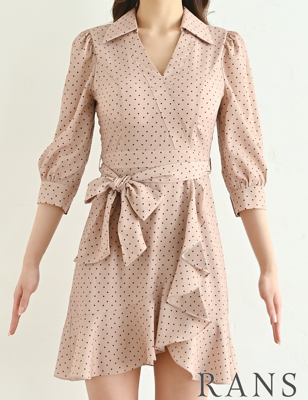 RANS】ミニ/ドレス/ワンピース/ピンクベージュ/ドット/半袖/フレア