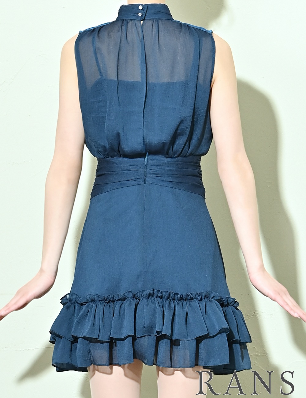 【RANS】ミニ/ドレス/ワンピース/ブルー/ハイネック/フレア/シフォン