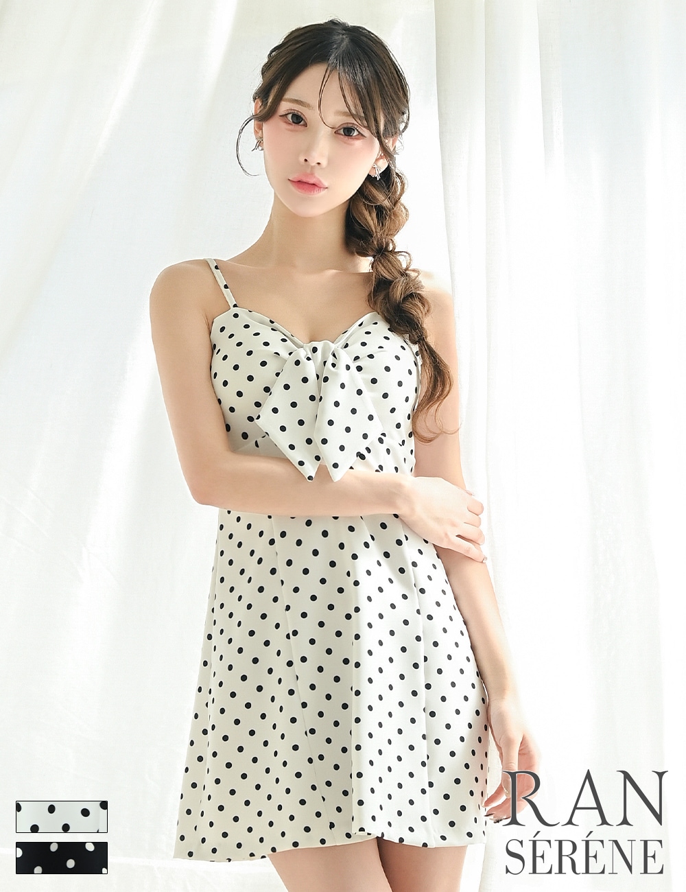 [予約商品][instock]【RAN SERENE】ミニ/ドレス/ワンピース/ホワイト/フレア/リボン/柄/ドット
