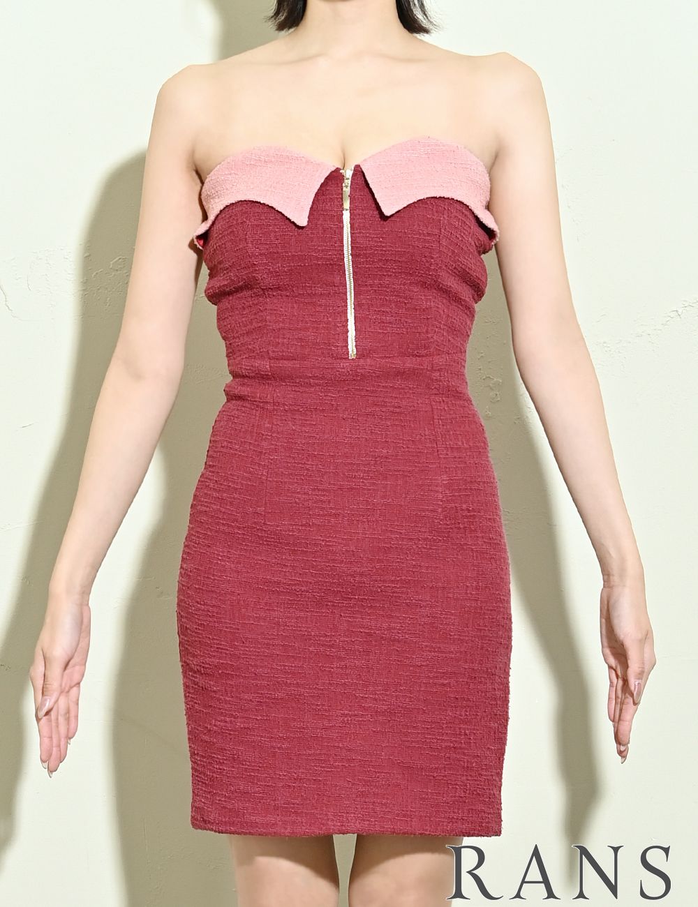 [Sのみ即納][instock]【RANS】ミニ/ドレス/ワンピース/ベア/タイト/レッド/フロントファスナー