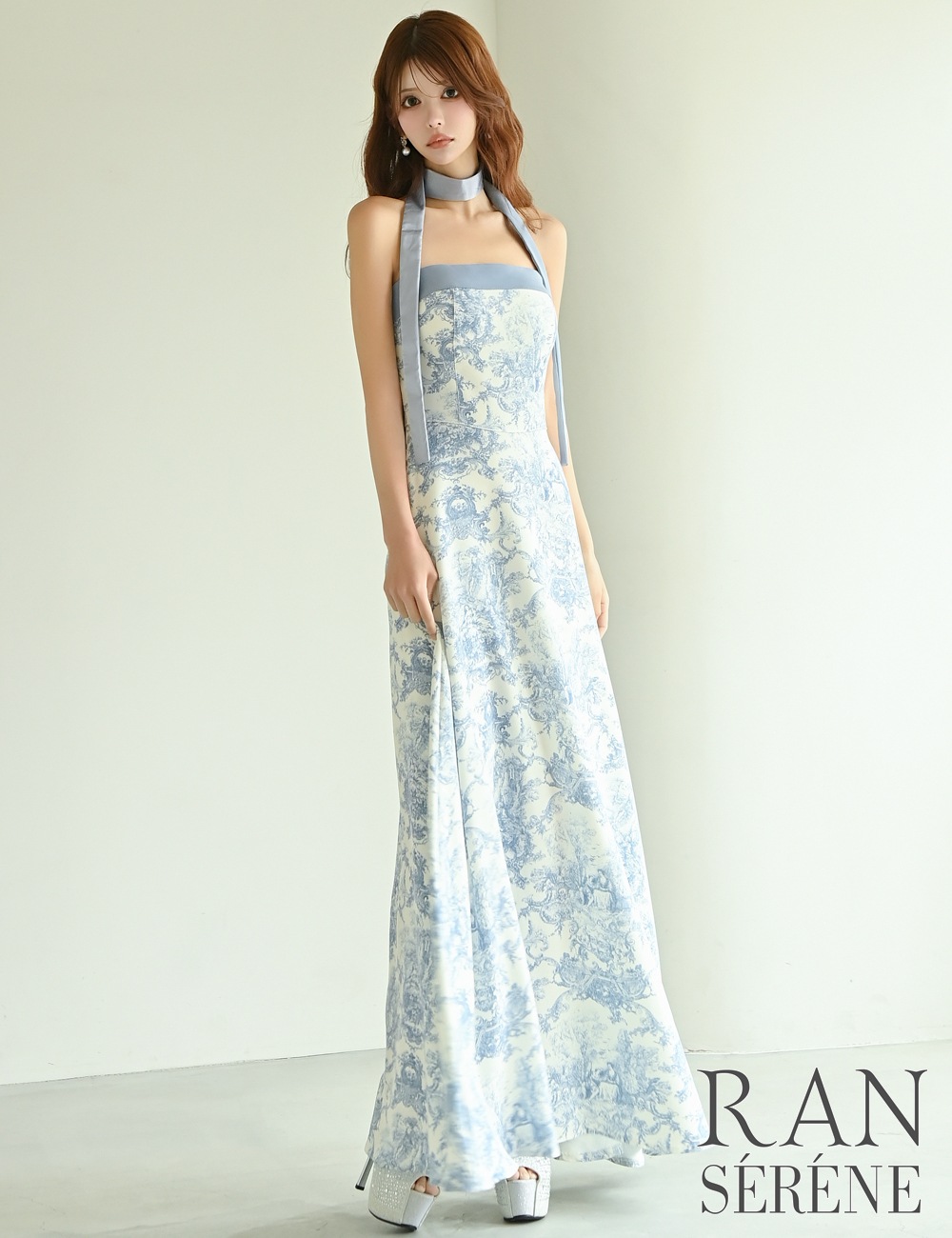 [即納][instock]【RAN SERENE】ロング/ドレス/ブルー/ベア/フレア/柄/トワルドジュイ/リボン