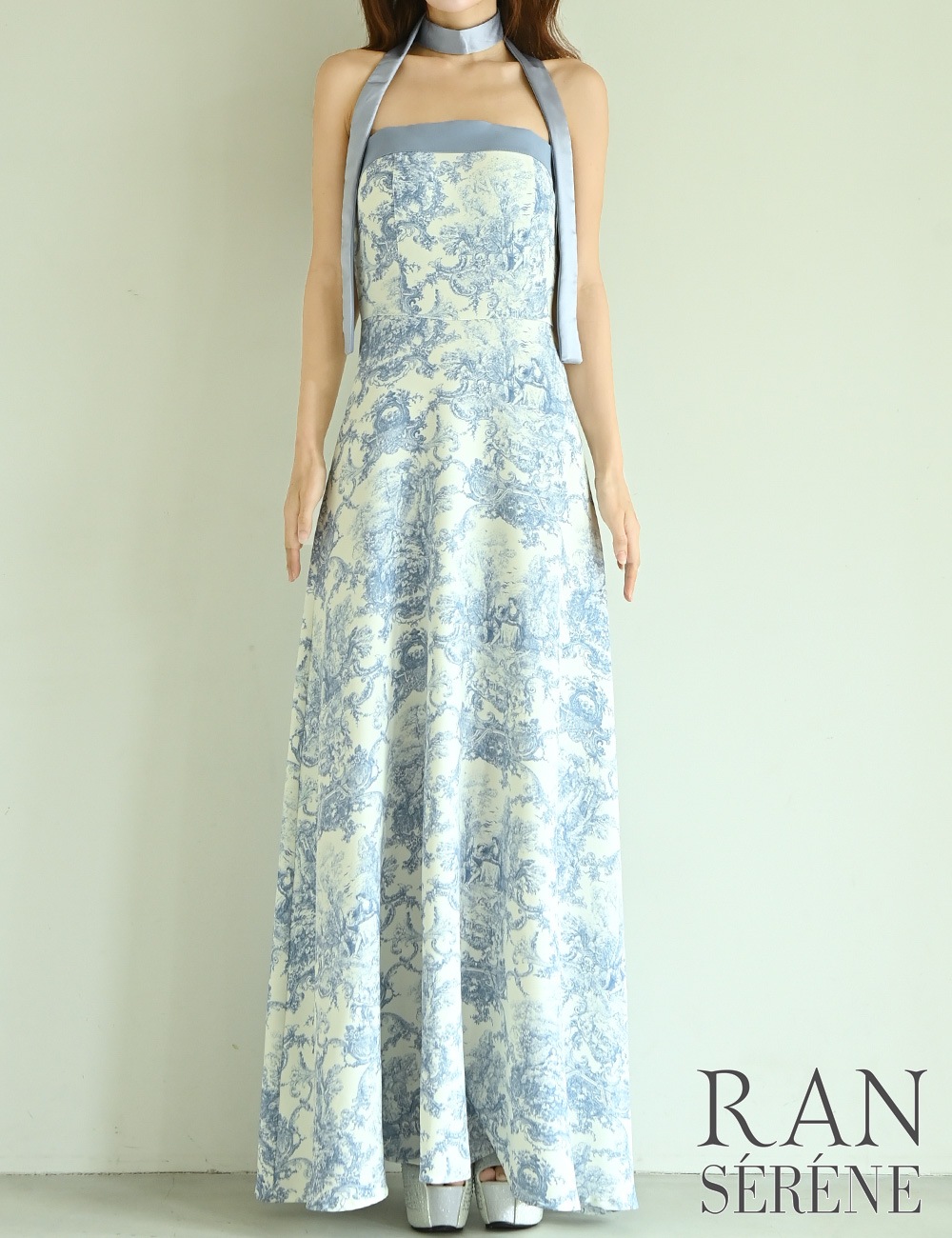 [即納][instock]【RAN SERENE】ロング/ドレス/ブルー/ベア/フレア/柄/トワルドジュイ/リボン