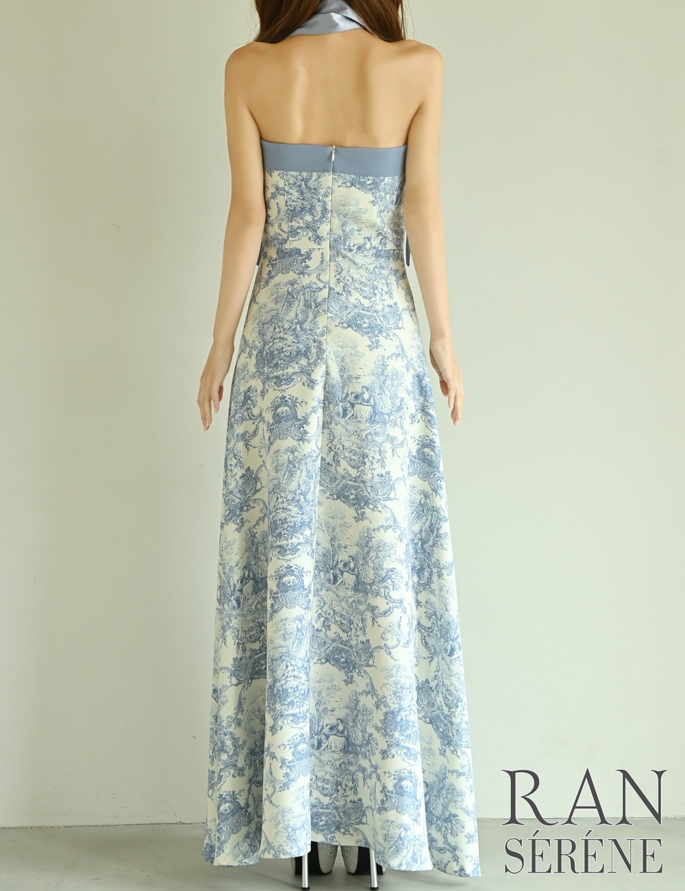 [即納][instock]【RAN SERENE】ロング/ドレス/ブルー/ベア/フレア/柄/トワルドジュイ/リボン