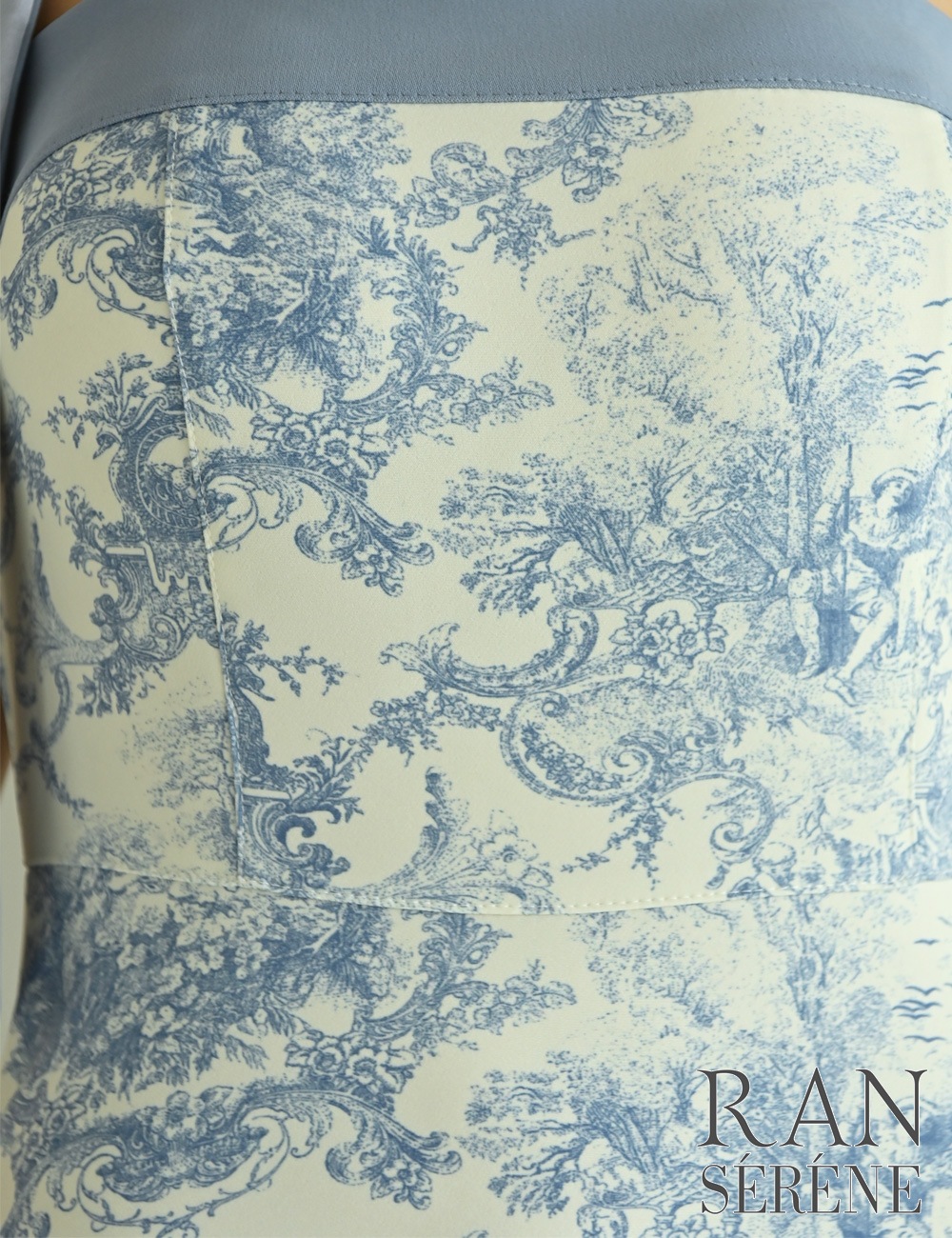 [即納][instock]【RAN SERENE】ロング/ドレス/ブルー/ベア/フレア/柄/トワルドジュイ/リボン