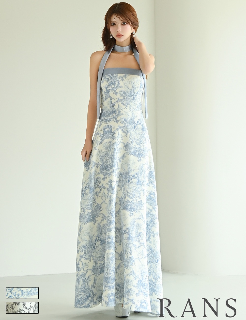 [即納][instock]【RANS】ロング/ドレス/ブルー/ベア/フレア/柄/トワルドジュイ/リボン