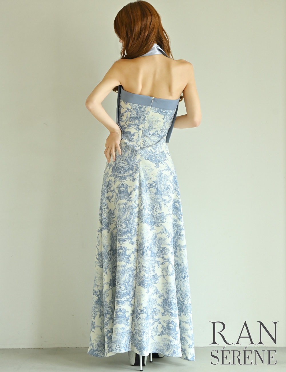 [即納][instock]【RAN SERENE】ロング/ドレス/ブルー/ベア/フレア/柄/トワルドジュイ/リボン