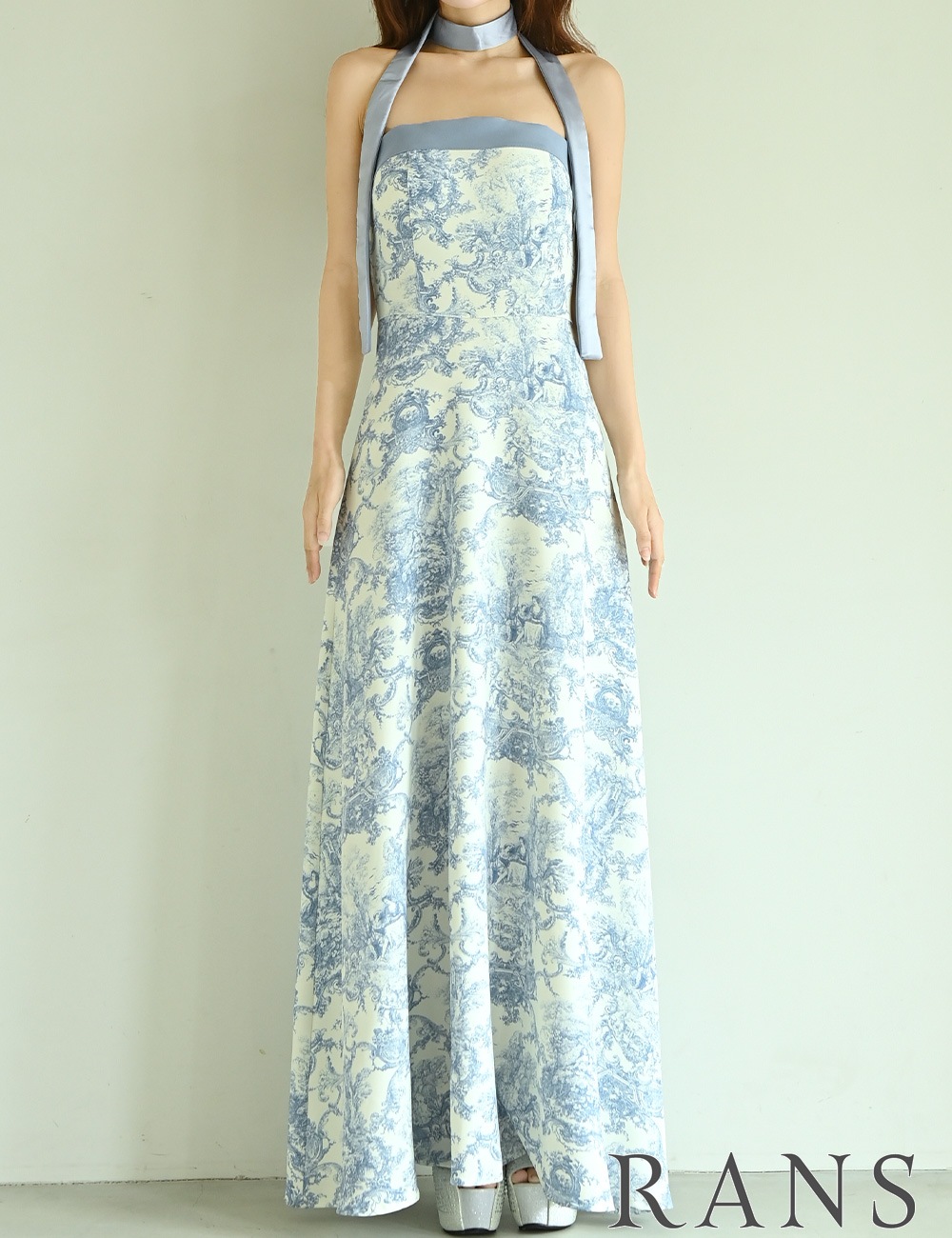 [即納][instock]【RANS】ロング/ドレス/ブルー/ベア/フレア/柄/トワルドジュイ/リボン