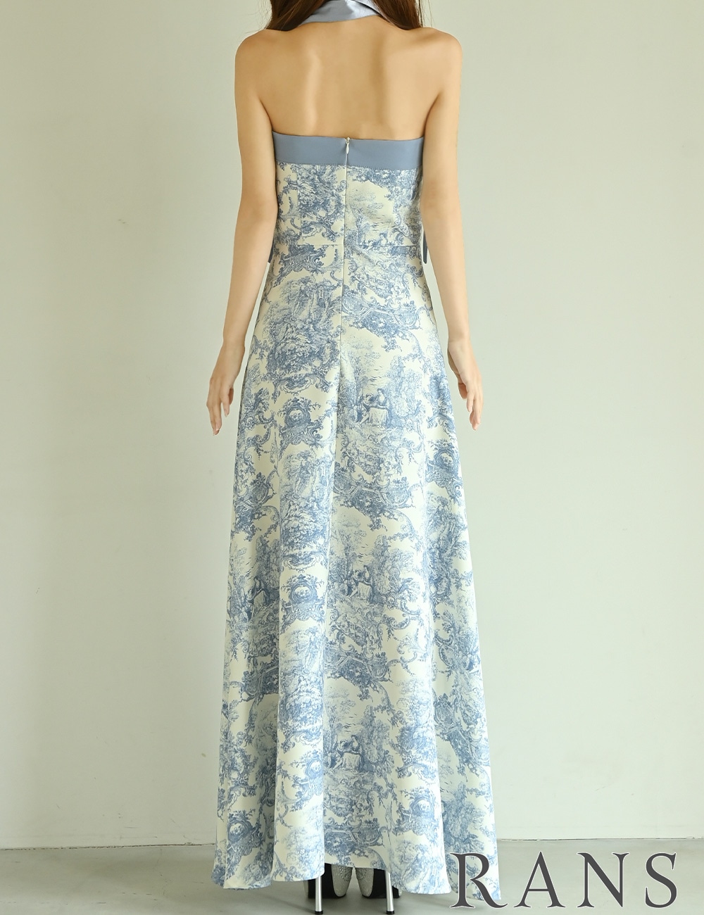 [即納][instock]【RANS】ロング/ドレス/ブルー/ベア/フレア/柄/トワルドジュイ/リボン