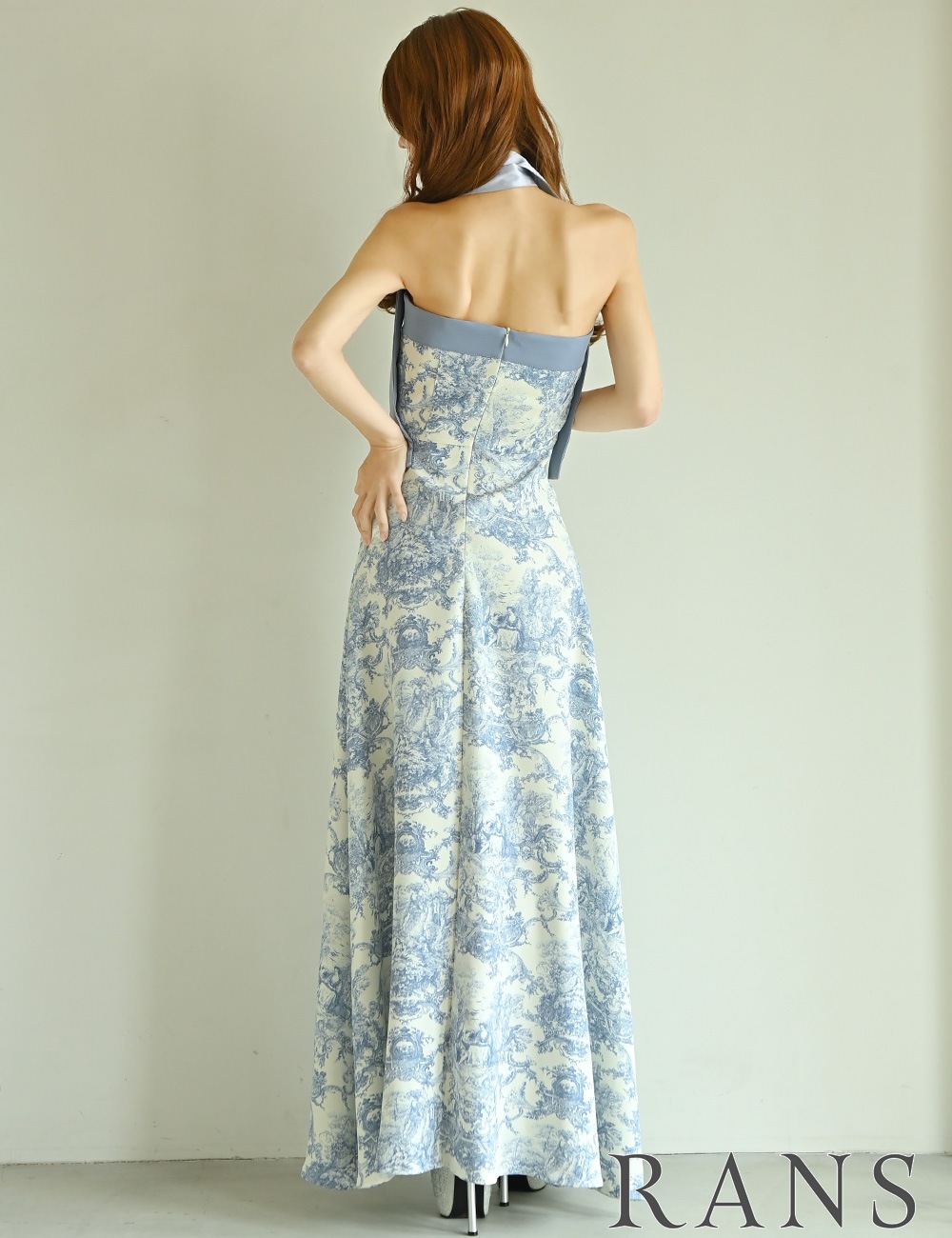 [即納][instock]【RANS】ロング/ドレス/ブルー/ベア/フレア/柄/トワルドジュイ/リボン