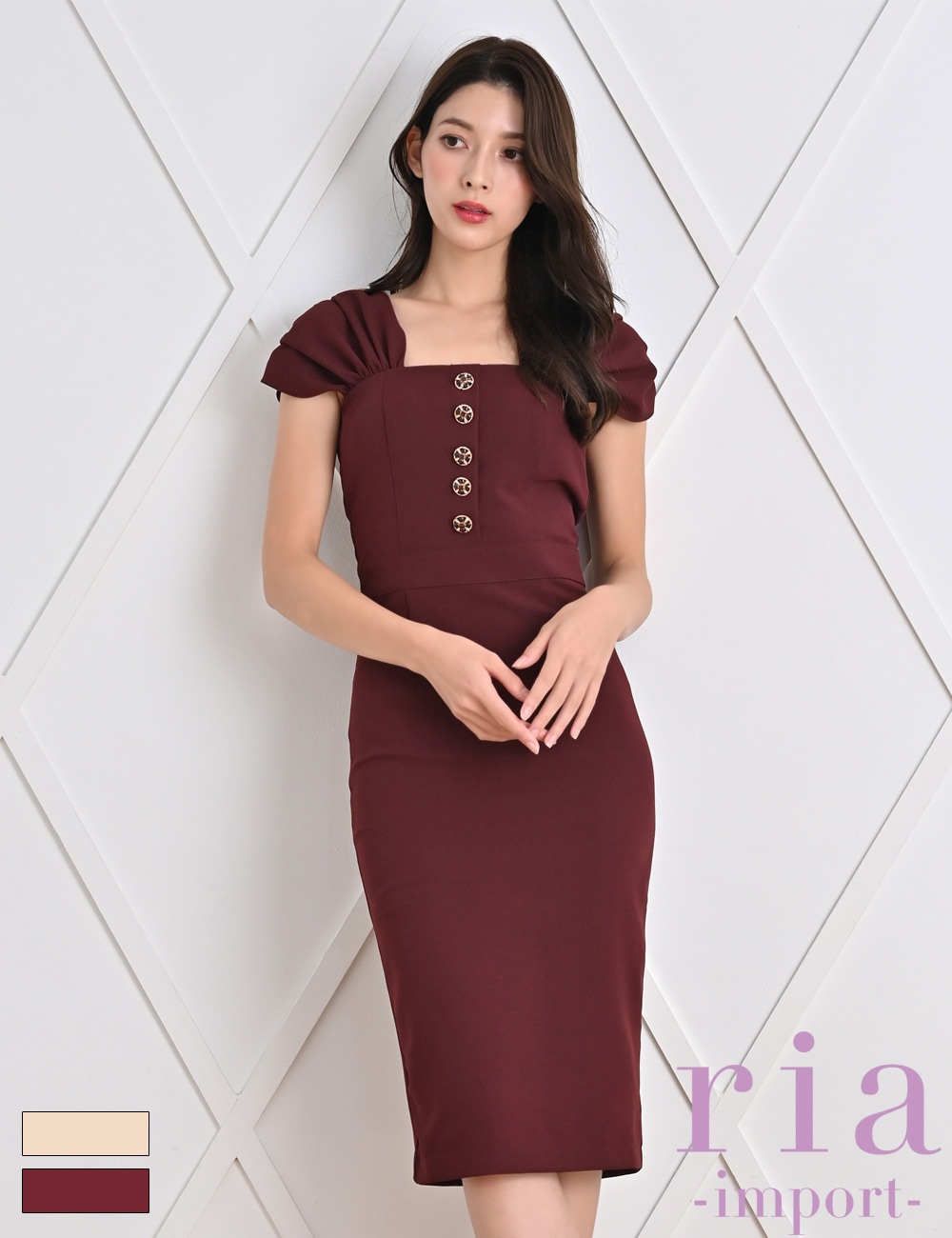 【ria】丈長/ドレス/ワンピース/レッド/ブラウン/タイト