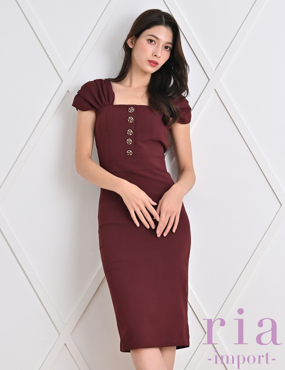 【ria】丈長/ドレス/ワンピース/レッド/ブラウン/タイト