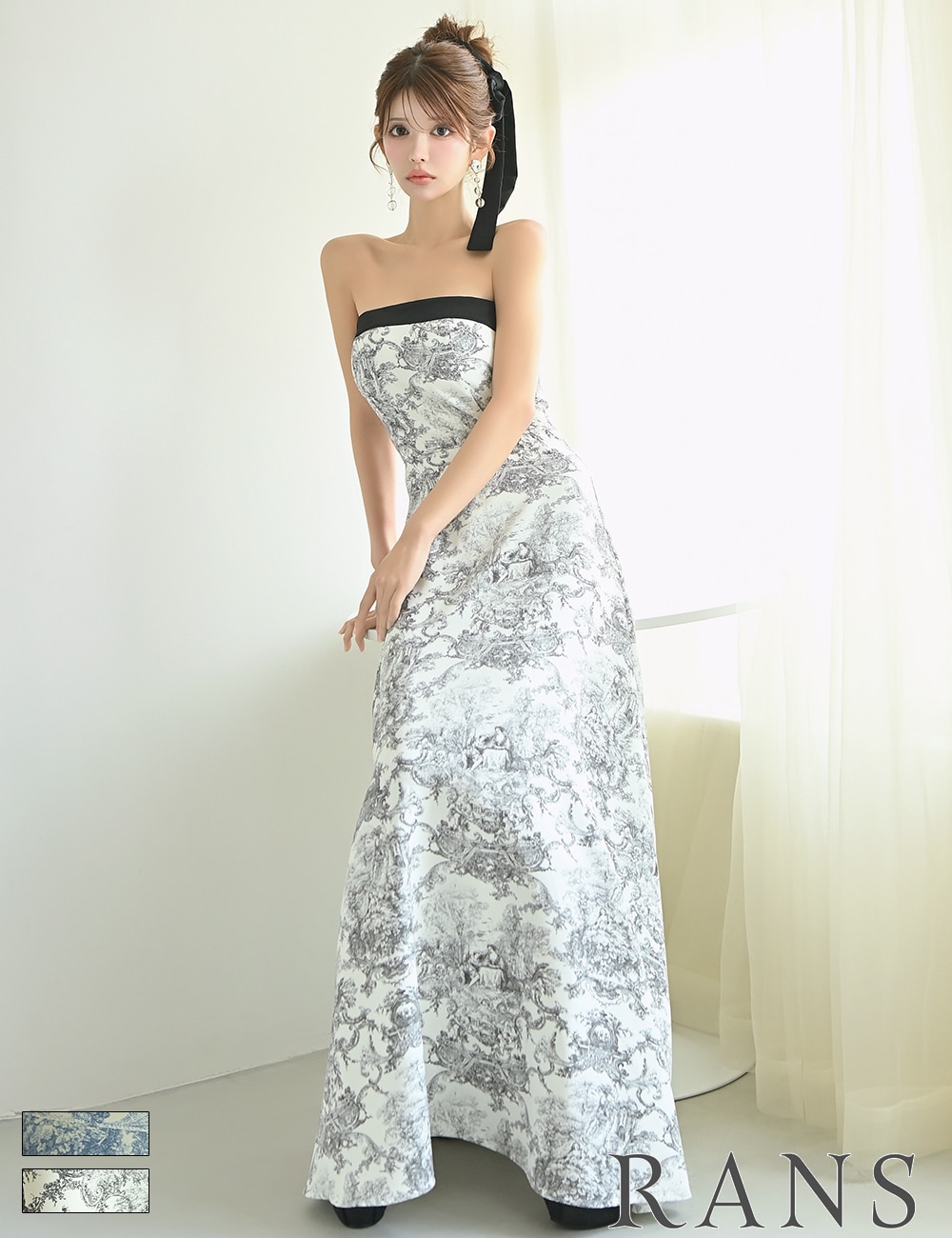 [Sのみ即納][instock]【RANS】ロング/ドレス/ブラック/ベア/フレア/柄/トワルドジュイ/リボン