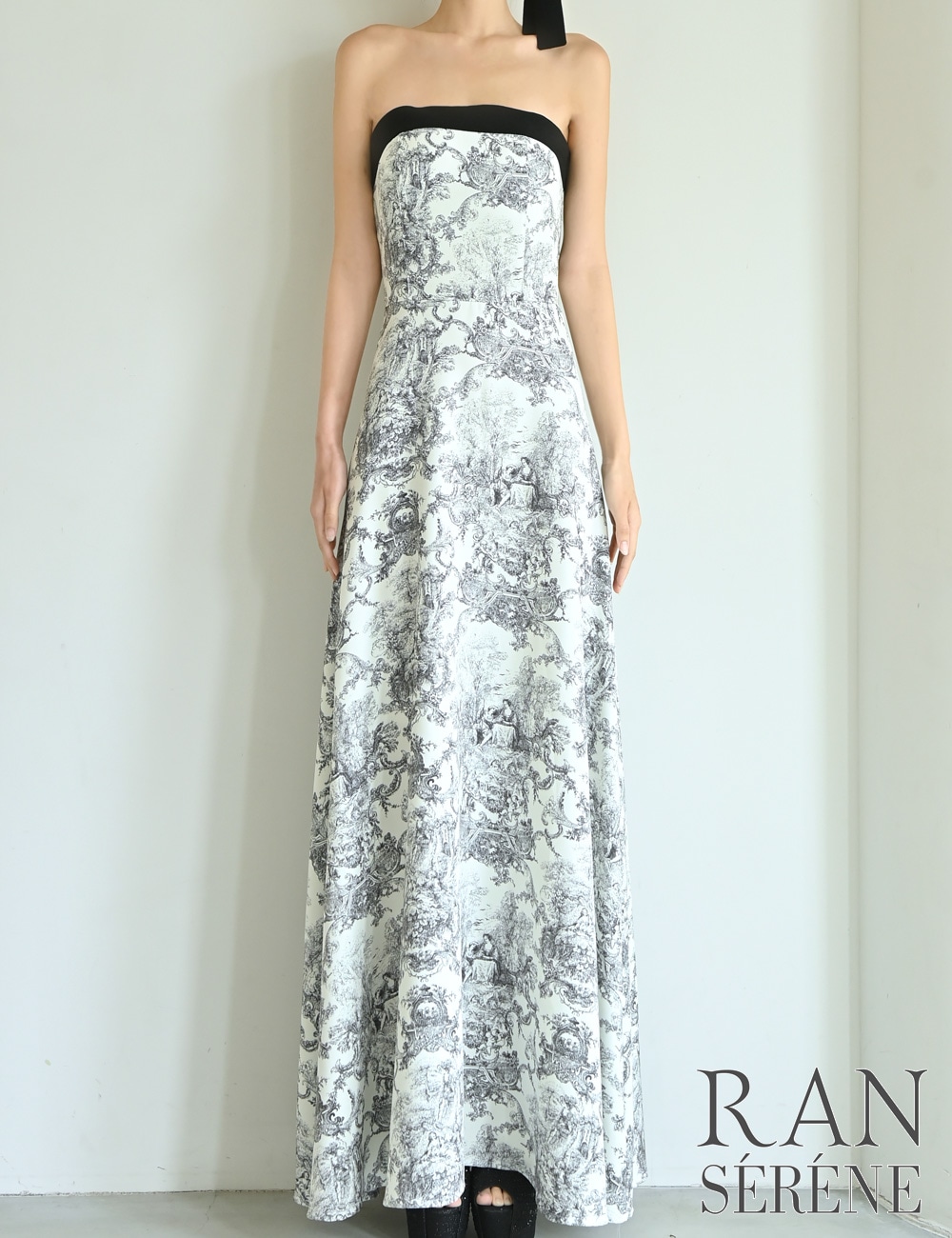 [即納][instock]【RAN SERENE】ロング/ドレス/ブラック/ベア/フレア/柄/トワルドジュイ/リボン