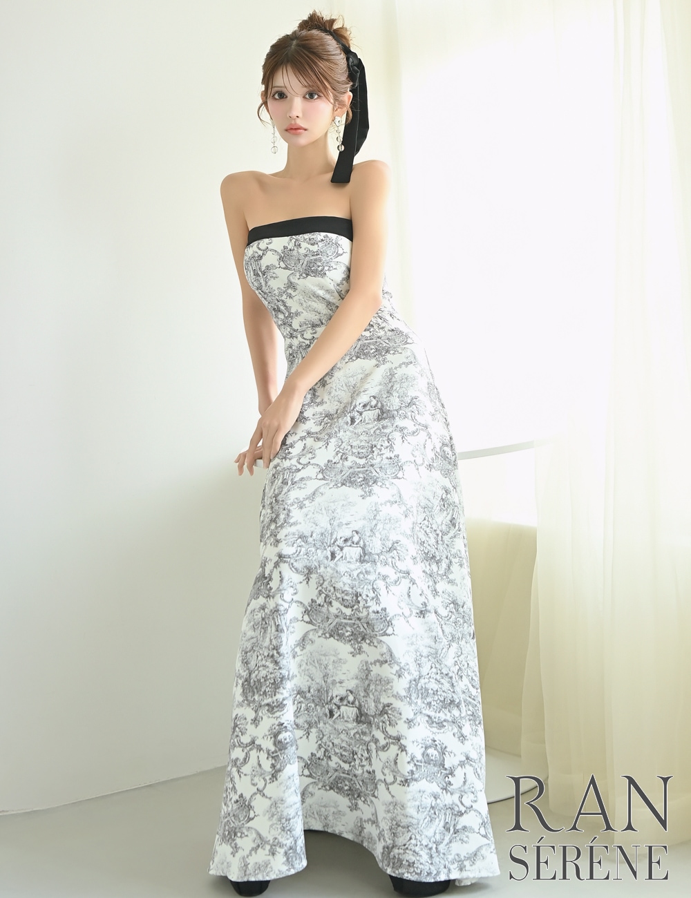 [即納][instock]【RAN SERENE】ロング/ドレス/ブラック/ベア/フレア/柄/トワルドジュイ/リボン