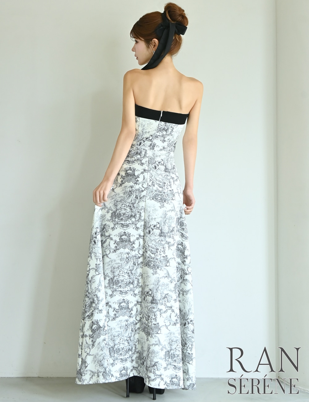 [即納][instock]【RAN SERENE】ロング/ドレス/ブラック/ベア/フレア/柄/トワルドジュイ/リボン
