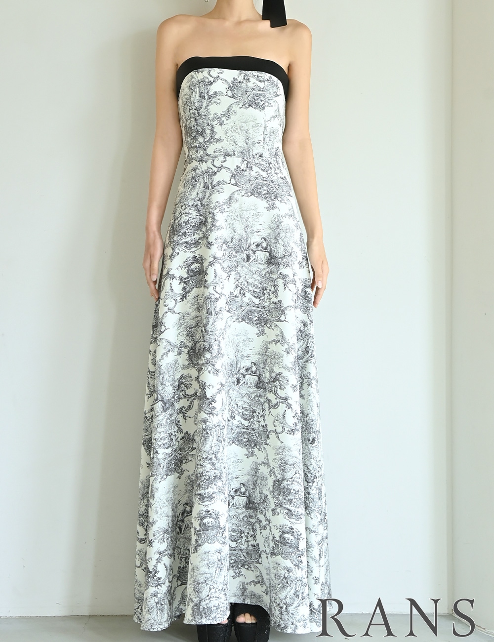 [Sのみ即納][instock]【RANS】ロング/ドレス/ブラック/ベア/フレア/柄/トワルドジュイ/リボン