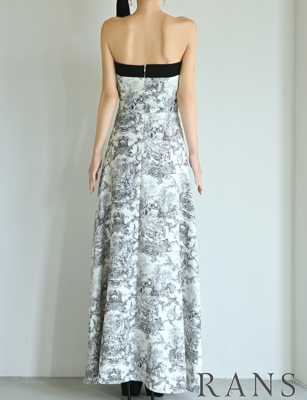 [Sのみ即納][instock]【RANS】ロング/ドレス/ブラック/ベア/フレア/柄/トワルドジュイ/リボン