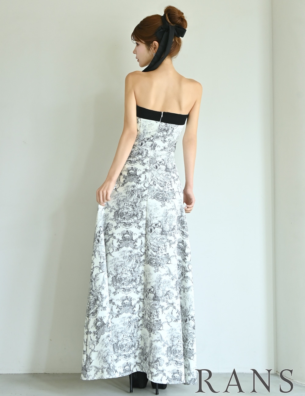[Sのみ即納][instock]【RANS】ロング/ドレス/ブラック/ベア/フレア/柄/トワルドジュイ/リボン