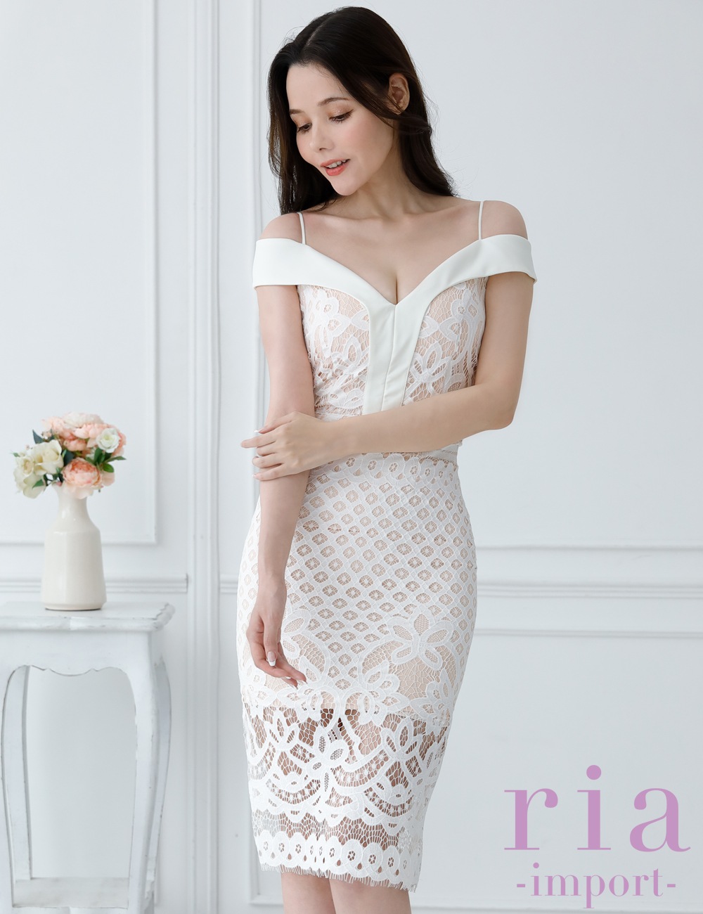 【ria】丈長/ドレス/ワンピース/ホワイト/ベージュ/オフショル/レース