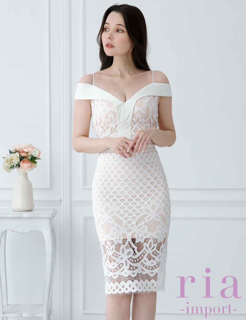 【ria】丈長/ドレス/ワンピース/ホワイト/ベージュ/オフショル/レース