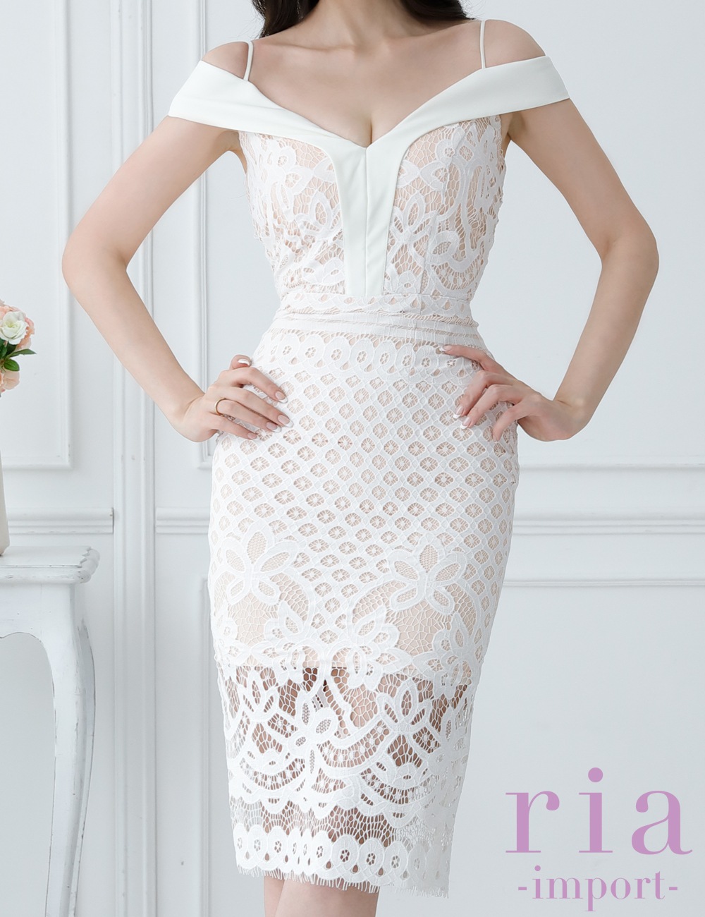 【ria】丈長/ドレス/ワンピース/ホワイト/ベージュ/オフショル/レース