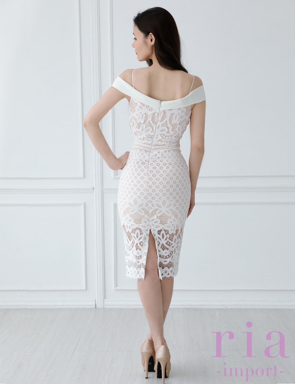 【ria】丈長/ドレス/ワンピース/ホワイト/ベージュ/オフショル/レース