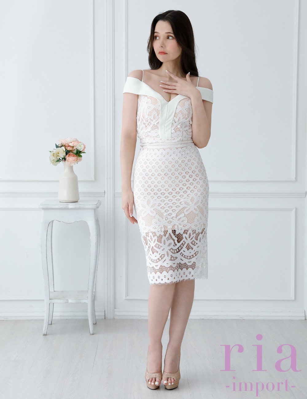 【ria】丈長/ドレス/ワンピース/ホワイト/ベージュ/オフショル/レース